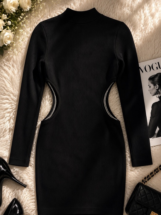 Zara Dresses & Skirts - 🖤Zara Ribbed Bodycon Cutout Mini Dress NWT Black Rhinestone Detail M/L
